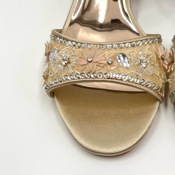 Badgley Mischka Taylin Pearl Nude Satin Jeweled Block Heel Dress Sandals Shoes - Picture 5 of 15